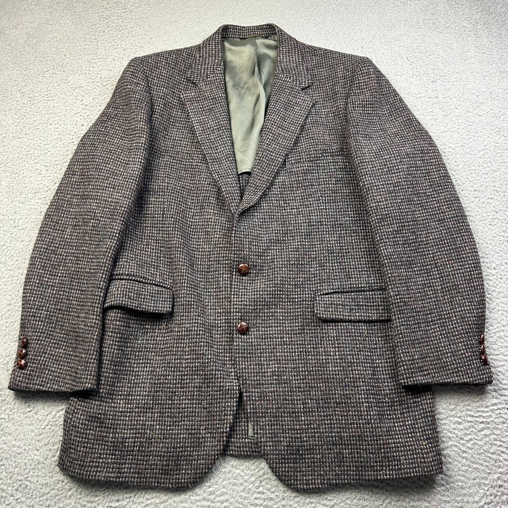 VTG Harris Tweed Sport Coat Mens 44 Regular Gray Houndstooth Scottish Blazer